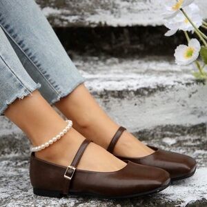 Simple Brown Buckle Decor Ballet Flats, Fashionable And Elegant Mary Jane Shoes